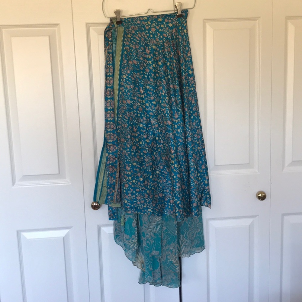Earthbound teal floral silk wrap skirt